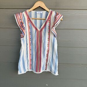 Anthropologie Blue and Red Embroidered V-Neck Blouse